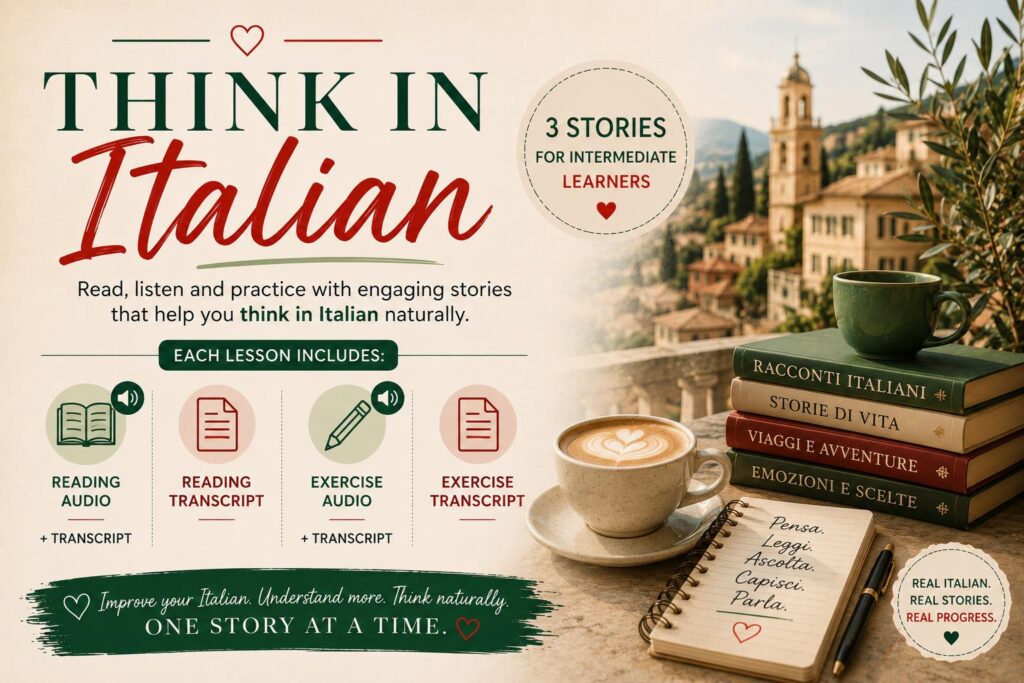 Think in Italian 3 Stories for Intermediate Learners poster